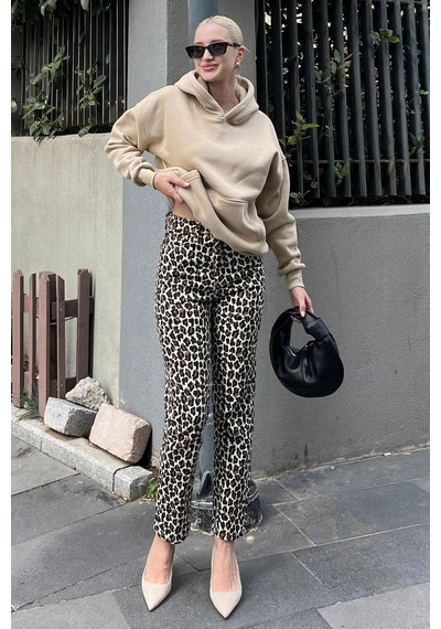 Bej Kapüşonlu Şardonlu Oversize Cepli Sweatshirt Mg2206