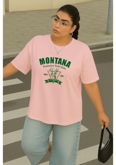 Büyük Beden Montana Baskılı Unisex Tişört Pembe