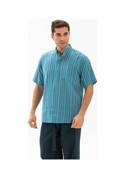 Kısa Kol Şile Bezi Hakim Yaka Erkek Tshirt Turkuaz Çizgili 3071