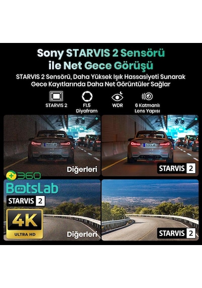 +360 Botslab G300H Plus WDR 4K UHD Ön+Arka WiFi+GPS 170° Geniş Açı Gece Görüşlü Araç İçi Kamera Dash