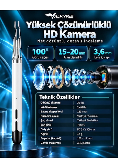 Valkyrie Kameralı Kulak Temizleme Cihazı Wi-fi Hd Kamera Led Işıklı Cımbız Başlıklı Type-c Şarjlı Set