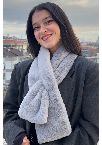 Mollycrush Peluş Yumuşak Soft Atkı Kışlık Suni Kürklü Gri Kadın Atkısı Gri