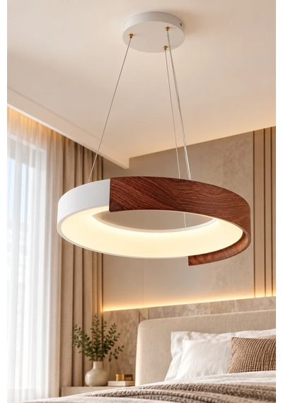 Premıum Modern Ahşap Görünümlü Halka Led Sarkıt Avize 3 Renk Dekoratif Aydınlatma 56w 50 Cm Beyaz