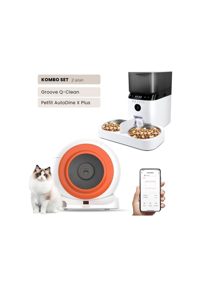 Groove Q-clean Wi-fi Akıllı Otomatik Kedi Tuvaleti Turuncu + Petfit Autodine X Plus 5l Wi-fi Kameralı Akıllı Otomatik Mama Kabı Besleme Ünitesi Bundle