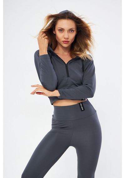 Lesa Wear Kapüşonlu Içi Polarlı Yumuşacık Şardonlu Kaşkorse Crop Likralı Sweatshirt Antrasit
