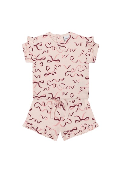 Antebies Organik Pembe Kurdele Desenli Fırfırlı Kısa Kollu Kız Bebek Tshirt Şort Takımı