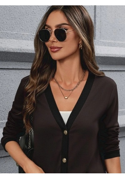 Defymoda Kadın Uzun Kollu Cepli Önden Düğmeli Uzun Modal Ceket Hırka Kahve