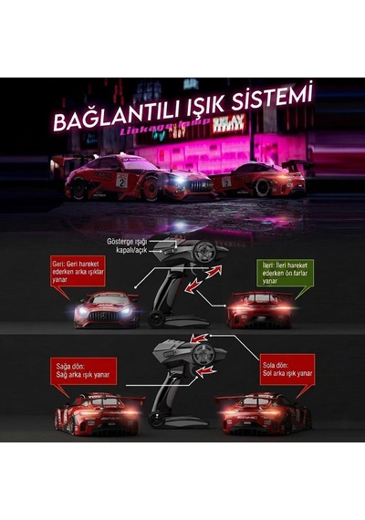 Uzaktan Kumandalı Işıklı 7 Fonksiyonlu 1:14 4 Çeker 10 Km/s Hızlı 4 Yedek Lastikli Oyuncak Drift Arabası Kırmızı