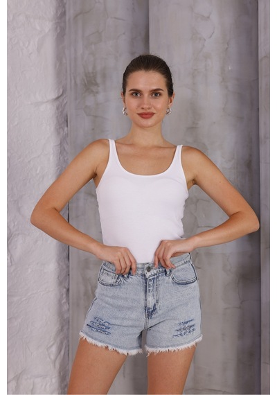 Eseclass Önü Yırtık Detaylı Yüksek Bel Kadın Jean Şort Buz Mavi Buz Mavi