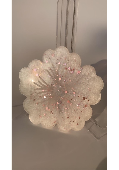 Sedefli Beyaz Üzerine Pembe Glitterli Çiçek Desen Bardak Altlığı Beyaz