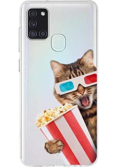 Samsung Galaxy A21s İle Uyumlu 1mm Slim Fit Kedi 1 050b Baskılı Şeffaf Kılıf Şeffaf