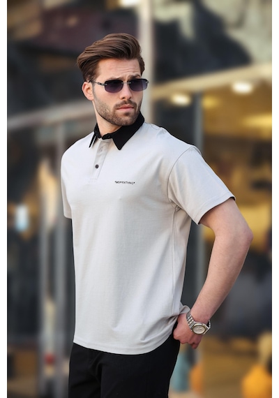 Madmext Boyalı Gri Düğmeli Polo Yaka Erkek T-shirt E7119 Boyalı Gri