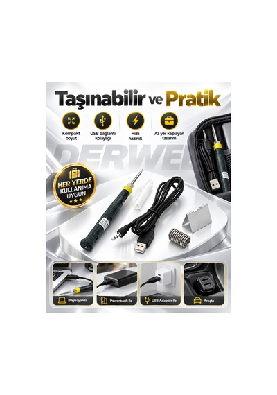 Yeni 2026 Usb Lehim Kalemi Seti 5 Parça Taşınabilir Kompakt Mini Havya Tamir Seti Hobi Elektrikli Lehimleme Makinesi Usb Güç Kablosu Metal Stand Koruyucu Kapak Yedek Yay Havya Ucu