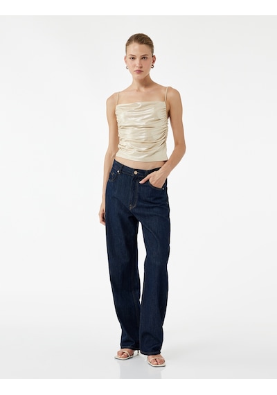 Koton Drape Detaylı Slim Fit Simli İp Askılı Bluz Bej 5sak10761ek Ekru