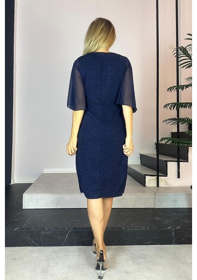 Ges Moda G0477 Taş Detaylı Şifon Kollu Abiye Elbise Lacivert-lacivert