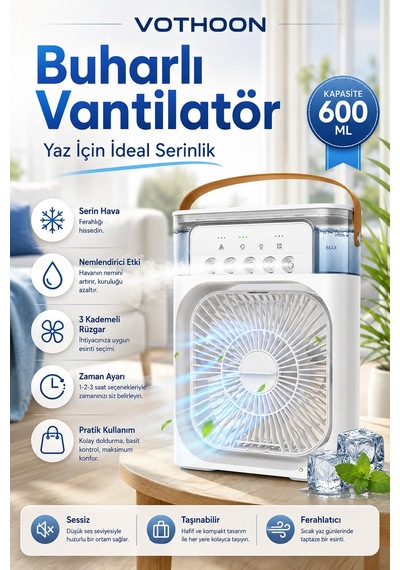 Taşınabilir Işıklı 5 Spreyli Vantilatör Buzlu Buharlı Vantilatör Mini Fan Nemlendirici Buharlı 600