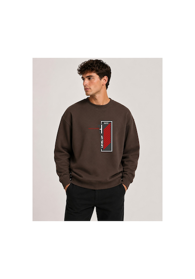 Herkesemoda Level Up Desen Baskılı Bisiklet Yaka Şardonlu 2 İplik Sweatshirt Kahverengi