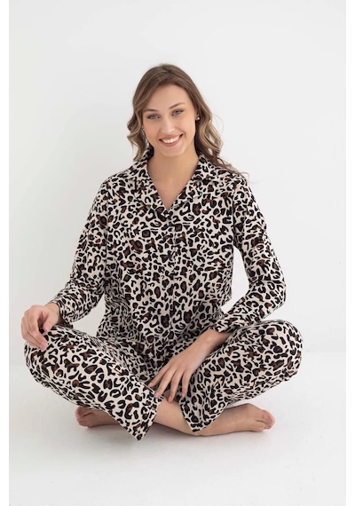 Senfoni Kadın Gömlek Yaka Uzun Kol Leopar Desenli Pamuklu Pijama Takımı 6007 -1 Adet 001