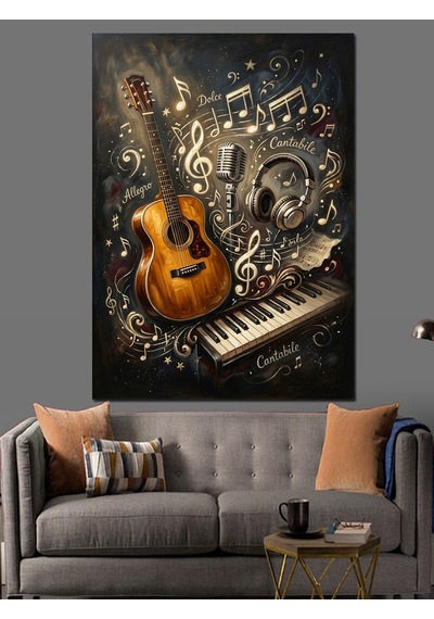 Müzik Notları Arasında Klasik Gitar Dekoratif Kanvas - Mdf Ahşap Tablo