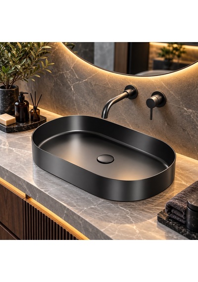 Alfas Aura Oval 60 Cm Pvd Antrasit Tezgah Üstü Çanak Lavabo 304 Paslanmaz Çelik Gun Black 2.0mm