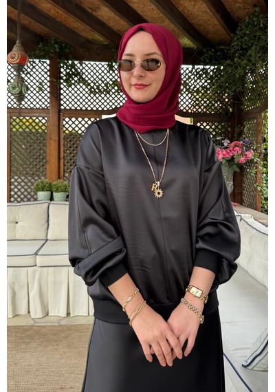 Rabia Şamlı Saten Sweat Siyah Normal