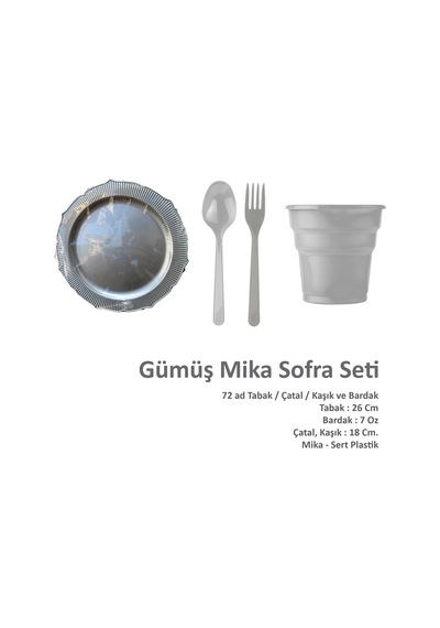 Omeyva 26 Cm. Mika Plastik Gümüş Sorfa Piknik Seti - 72 Kişilik Tabak Bardak Çatal Kaşık Takımı