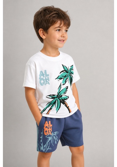 Eray Alp Kids Erkek Çocuk Baskılı Tişört Şort Takımı Yazlık Günlük Model Beyaz