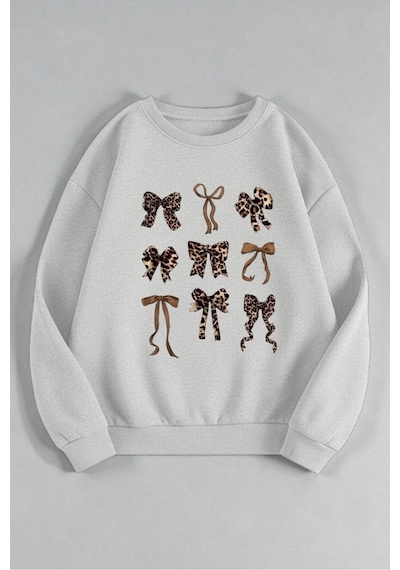 Uyguntarz Unisex Leopar Desenli Tasarım Baskılı Bisiklet Yaka Sweatshirt Gri