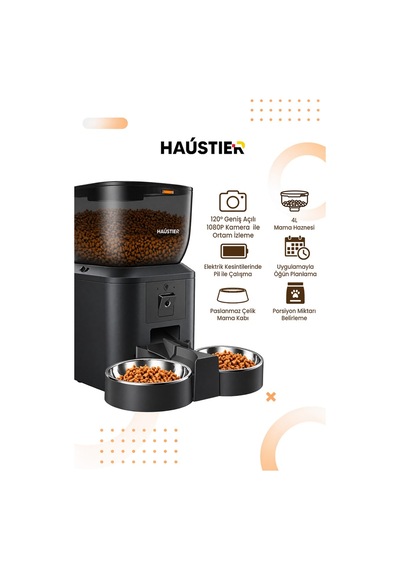Qq029-Dual Siyah Kameralı 1080p Gece Görüş Akıllı Mama Kabı 2.4ghz/5ghz 4lt Metal Kase