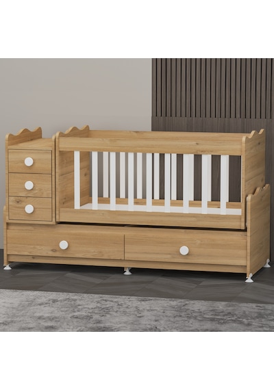 Garaj Home Melina Mdf Çıtalı Beşik + Yatak + Uyku Seti - Meşe Beyaz