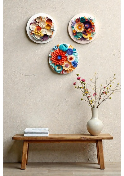 3 Parça Kabartmalı Modern Çiçek Mdf Tablo Seti, Oturma Odası, Salon, Ofis, Ev Duvar Tablosu Dekoru