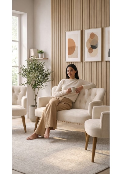 Babyface Kumaş Modern Çay Seti Koltuk Takımı 2+1+1 Ahşap Ceviz Ayak Krem Krem