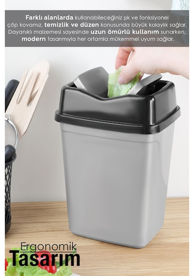 Çift Kapaklı Kelebek Çöp Kovası - Tezgah Üstü Banyo Mutfak Ofis Çöp Kovası 2,5 Litre Gri