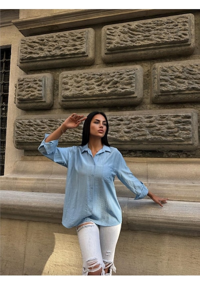 WeShaya Bebe Mavi %100 Pamuk Kırışık Oversize Gömlek Bebe Mavi