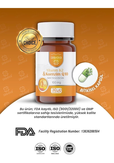 Koenzim Q10 Ve Vitamin K2 Kombinasyonu - 100 Mg Coq10 + 100 Mcg Mk-7 Menakinon, Bitkisel Vegan Kapsül, Helal Sertifikal