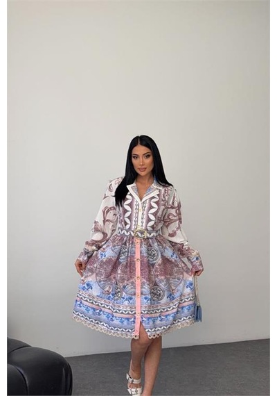 Neşeli Butik Kadın Mavi Kemer Detaylı Mini Boy Tasarım Elbise Nbms25111 Mavi