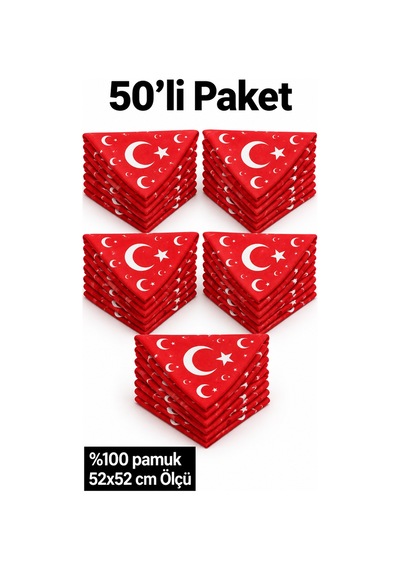 Herşeynota 50 Li Paket Türk Bayrağı Desenli Kırmızı %100 Pamuk Fular Bandana 52x52 Cm Çok Renkli