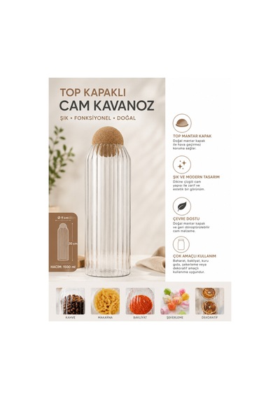 Kapaklı Şeffaf Cam Saklama Kavanozu 1600 Ml Beyaz