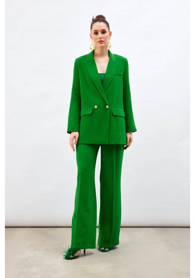 Sateen Pile Detaylı Salaş Pantolon - Yeşil