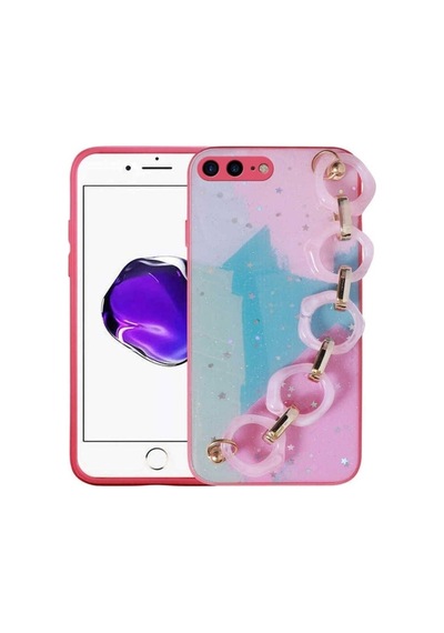 Apple Uyumlu iPhone 8 Plus Kılıf Simli Desenli El Askılı Tutacaklı Zore Elsa Silikon Kapak Pembe Koyu