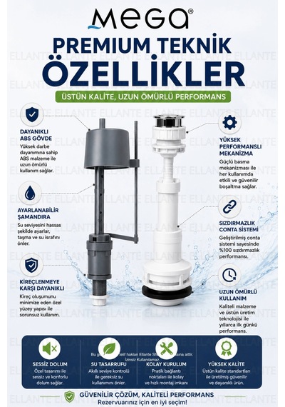 Mega Sessiz Ve Sızdırmaz Klozet Rezervuar İç Takımı Su Tasarruflu, Kolay Montaj Çok Renkli