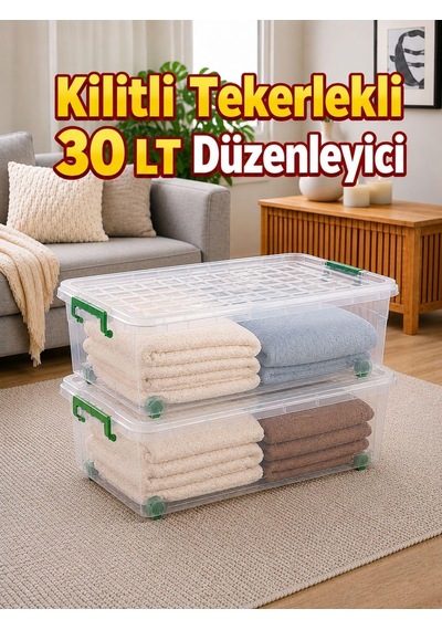Tr 2'li Set 30 Lt Kilitli Tekerlekli Saklama Kutusu Şeffaf Yatak Altı Düzenleyici Kutu Genel