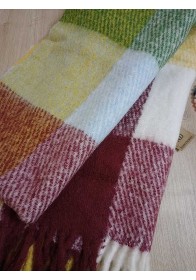 Enefendi Omuz Şalı - Atkı Renkli Kareli Bordoyeşilsarı Yumuşak, Çift Taraflı Pofidik Kışlık ,sıcak 45 X 185 Renkli