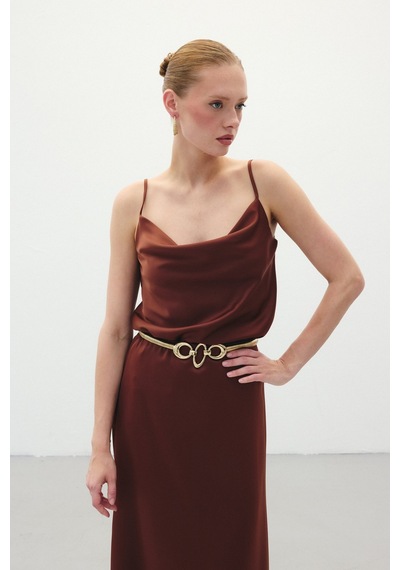 Sateen Degaje Yaka Saten Bluz - Kahve