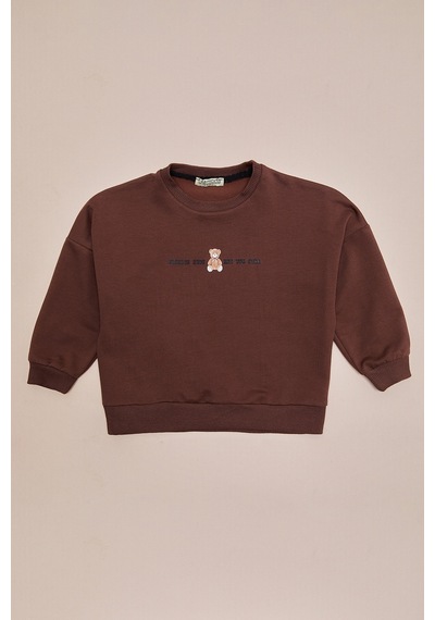 Fullamoda Ayıcık Baskılı Oversize Kız Çocuk Sweatshirt Kahve