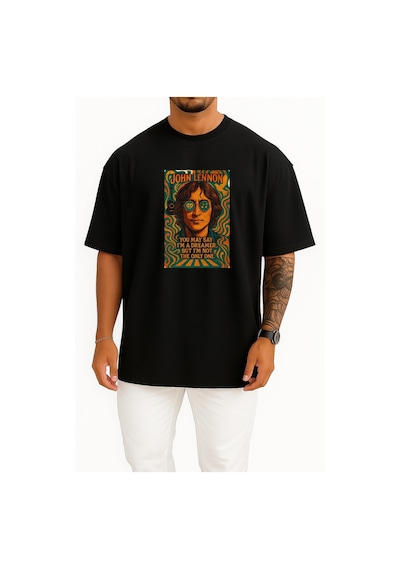Bahriyeli Collection Oversize John Lennon You May Say İ M A Dreamer Göğüs Tasarımlı Unisex T-shirt Siyah