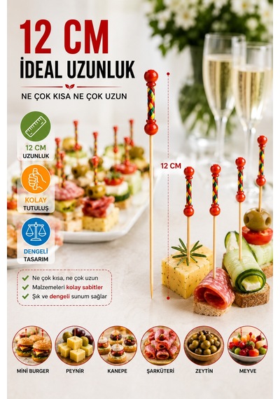 50 Adet Dekoratif Kırmızı Örgülü Bambu Kürdan 12 Cm Kokteyl Parti Kanepe Sunum Çubuğu Seti Paket