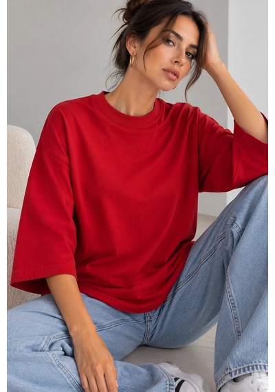Bb Butik Basic Kadın Oversize Modal Bluz Truvakar Kol Basic Lnc34 Kırmızı