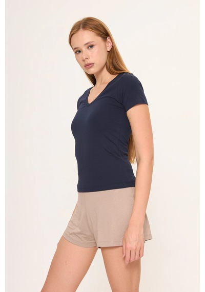 Zoor Ultra Soft Penye Modal V Yaka Kısa Kollu Bluz Laci Vert