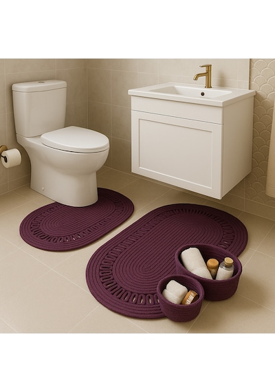 Mavaux Terra 4 Lü Banyo Seti 2 Li Oval Paspas & 2 Li Oval Sepet, Doğal Halat Dokuma, El Yapımı - Premium Mürdüm